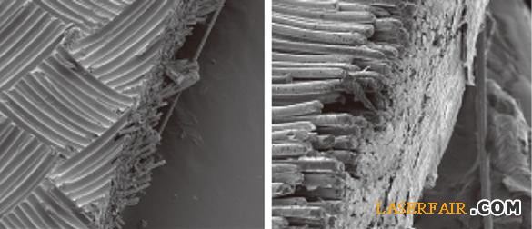 圖3、機械切割（左圖，放大500倍）和光纖激光器切割（右圖，放大1200倍）的邊緣切割質(zhì)量比較。