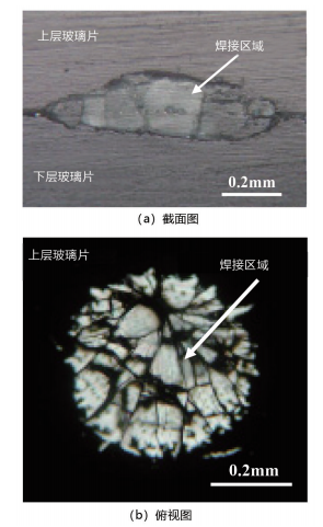 圖 6. 微分干涉差顯微鏡下的焊接區(qū)域微觀形貌（基片預熱溫度 293K，脈沖寬度 7.5ms，光束能量為 2.3J/ 脈沖）。