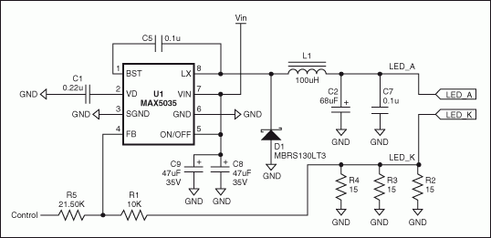 基于固定頻率、高集成度PWM開關(guān)轉(zhuǎn)換器MAX5035的高亮度LED電源原理圖